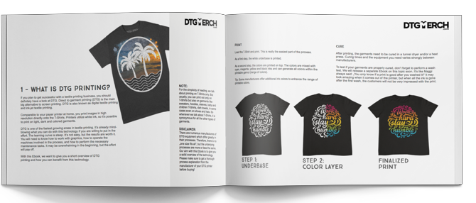 DTG Merch EBook pages showing black t-shirts and text.