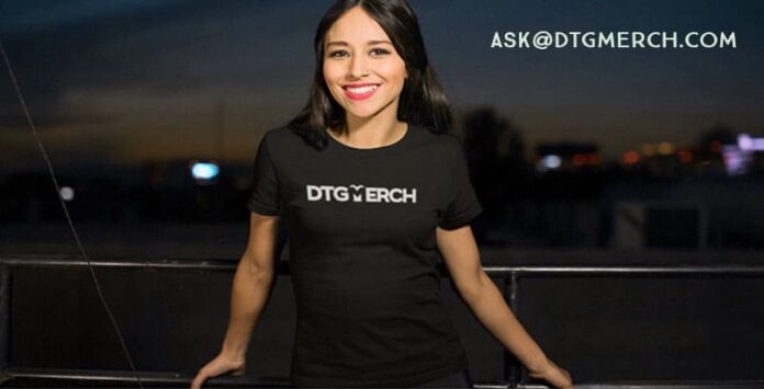 Smiling girl with a black DTGMerch t-shirt